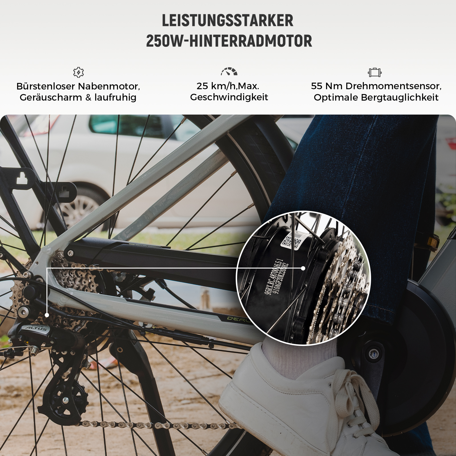 Detailansicht eines Fahrradmotors mit Kette und Gangschaltung. Text über Leistung.