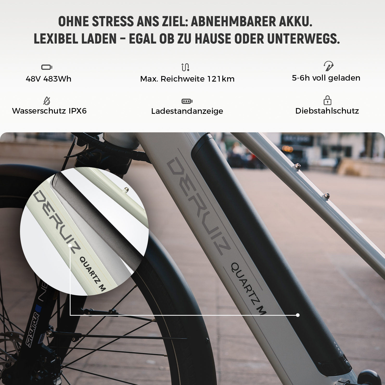 Ein E-Bike mit abnehmbarem Akku, 48V 483Wh, 121km Reichweite, IPX6 Wasserschutz.