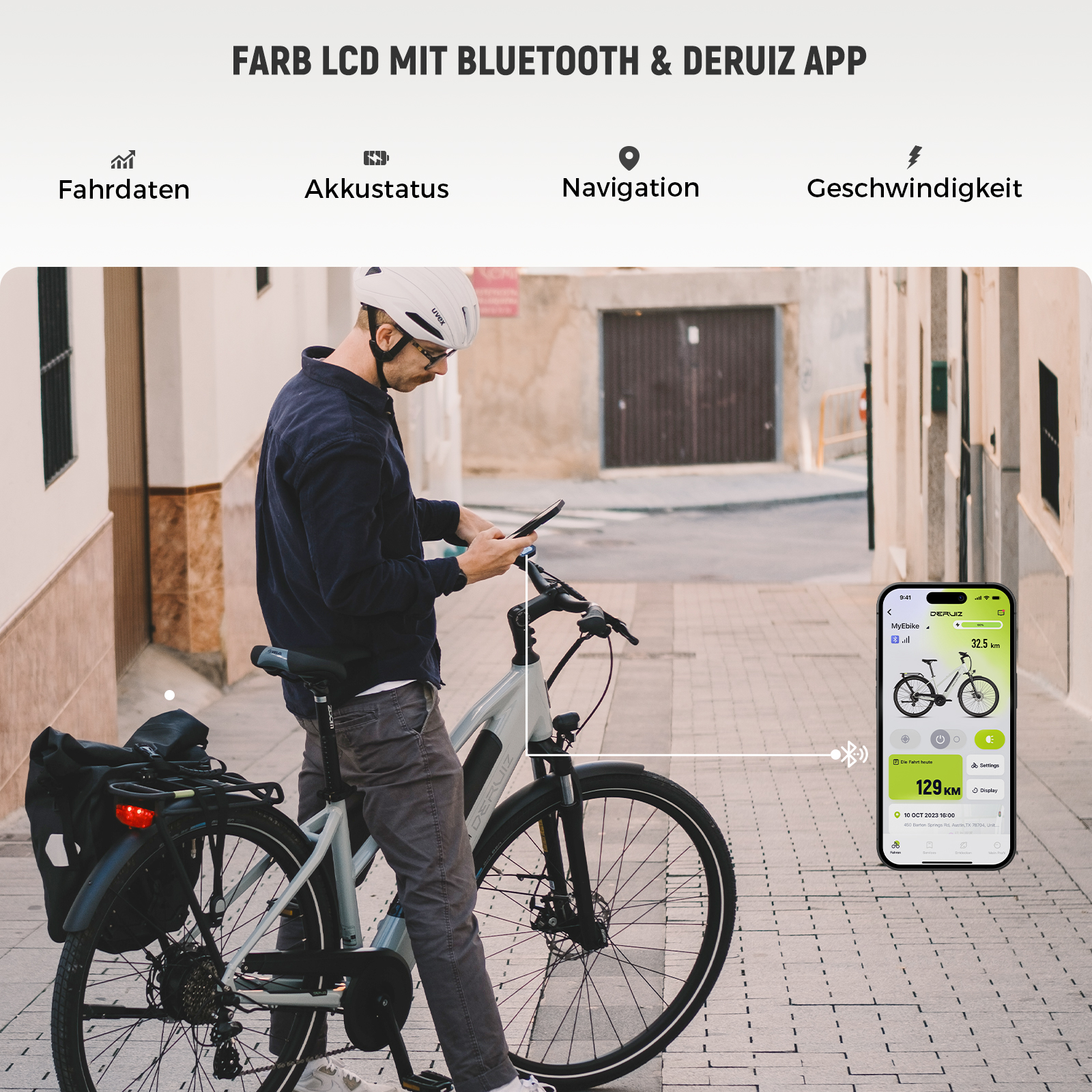 Mann mit Helm prüft Handy am E-Bike. App zeigt Rad, 32,5km, 129km gesamt.