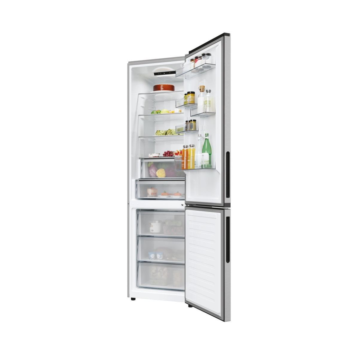 Un refrigerador abierto con alimentos en los estantes y cajones.