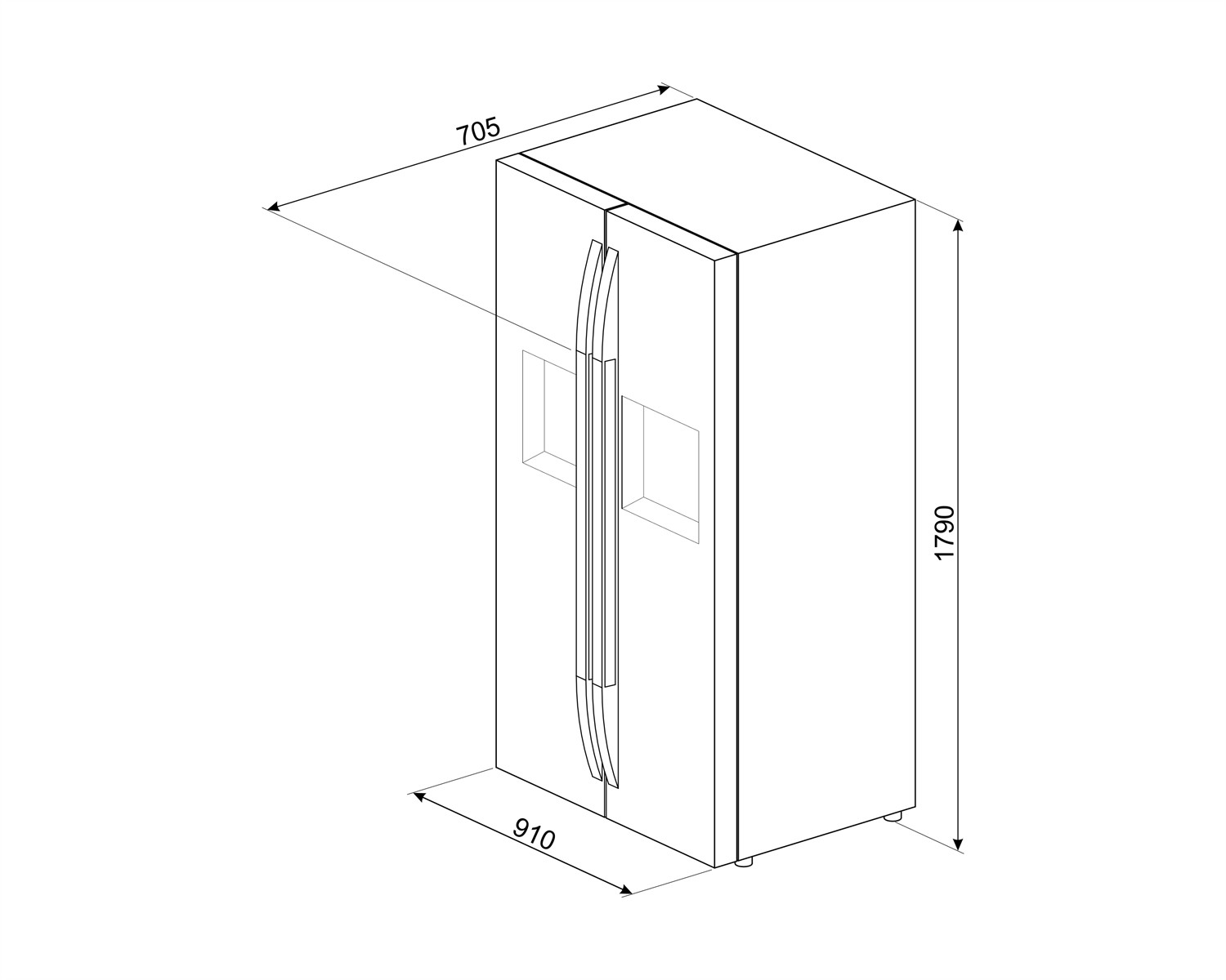 Dibujo lineal de un refrigerador de doble puerta con dimensiones: 705 mm de ancho, 910 mm de profundidad, 1790 mm de altura.