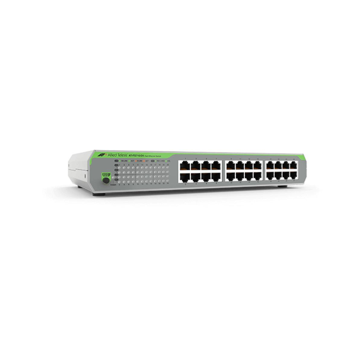 Uno switch di rete argento con accenti verdi e 24 porte Ethernet.