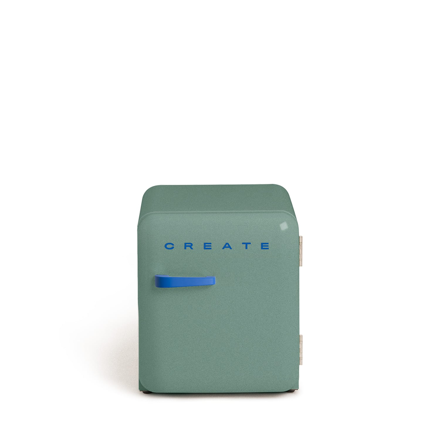 Un pequeño frigorífico verde menta con un asa azul y la palabra CREATE.