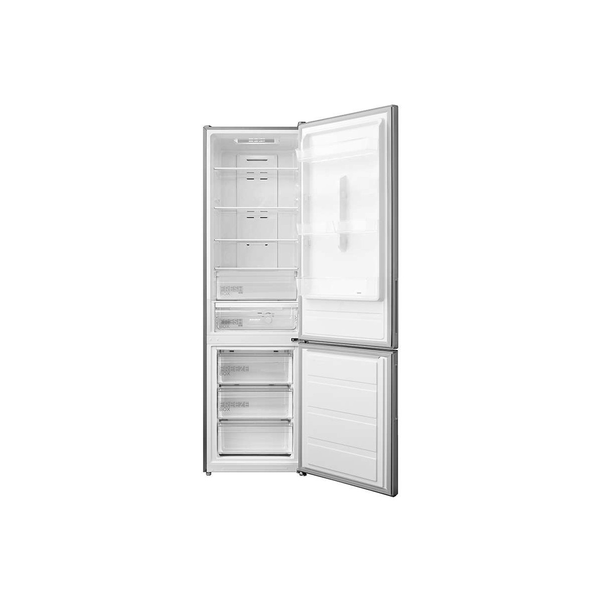 Refrigerador plateado abierto con múltiples estantes y cajones.
