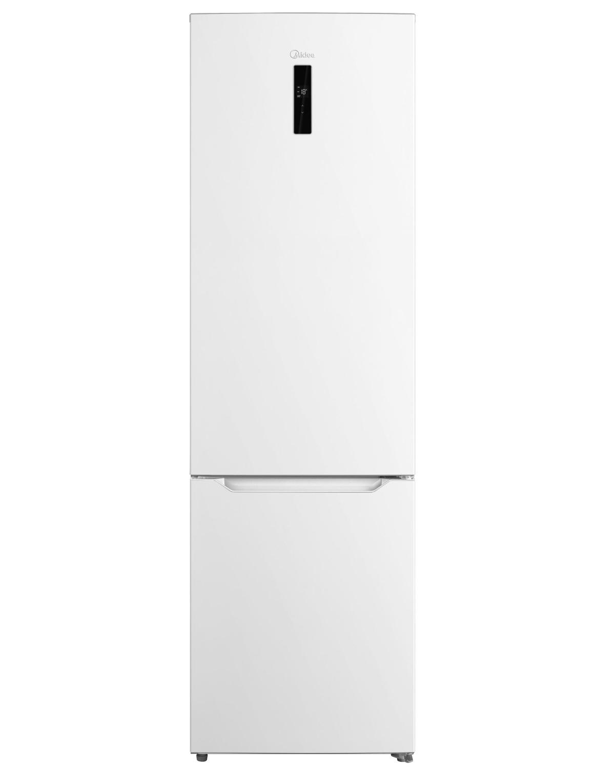 Un refrigerador blanco con compartimento congelador y pantalla digital.