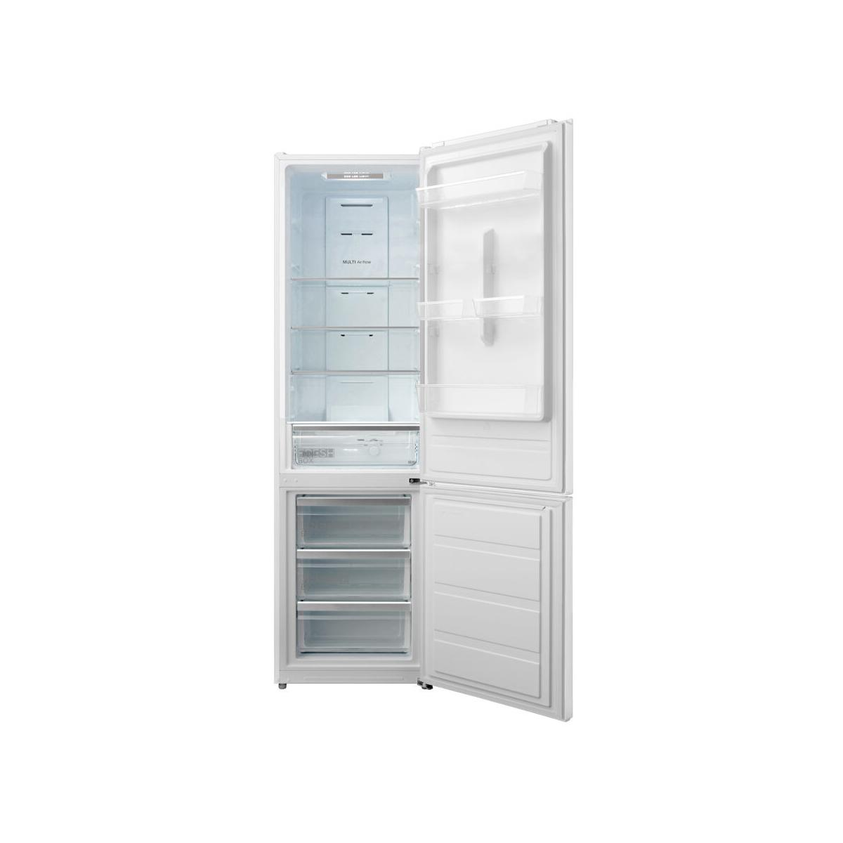 Un refrigerador blanco con la puerta abierta muestra estantes, cajones y un compartimento 'Fresh Box'.