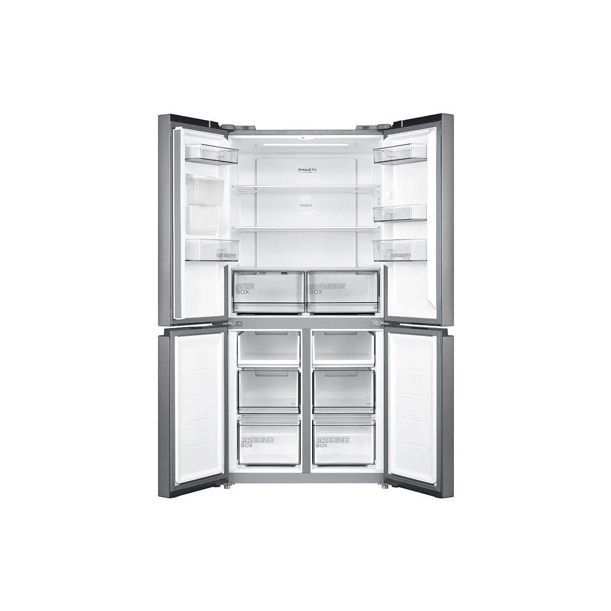 Ein offener Kühlschrank mit mehreren Fächern und Schubladen.