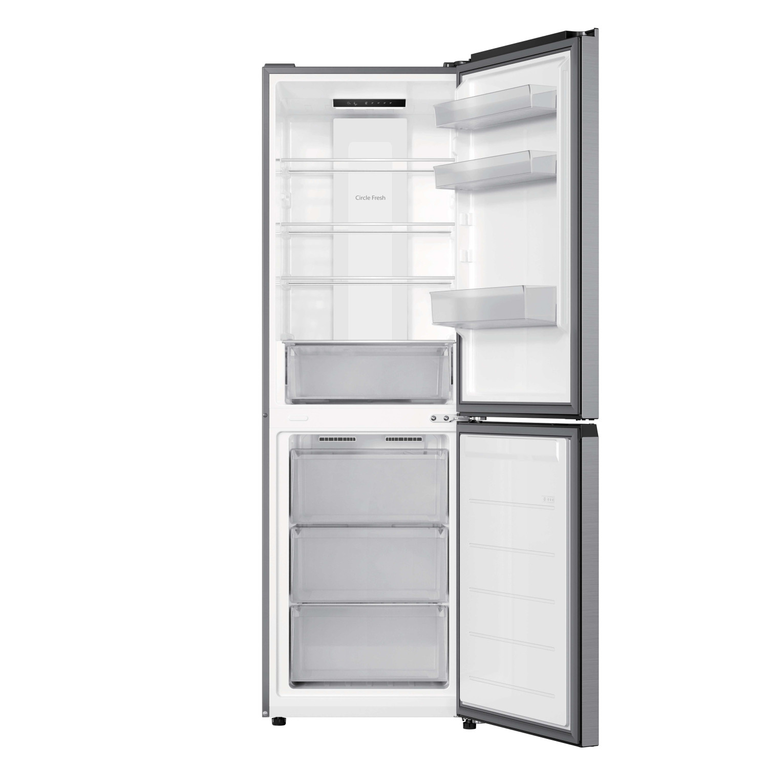 Un refrigerador abierto con estantes y cajones, sobre fondo blanco.