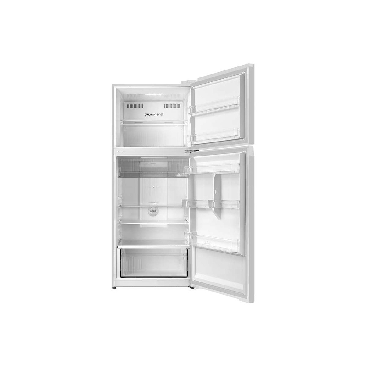 Un frigorifero bianco con la porta del congelatore e la porta del frigorifero aperte.
