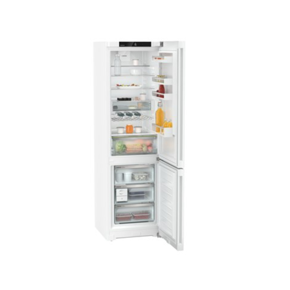 Un refrigerador blanco con la puerta abierta, lleno de comida y bebidas.