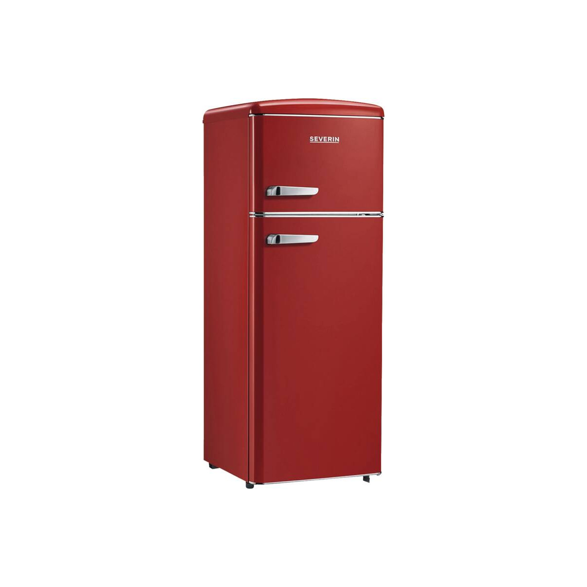 Un frigorifero rosso stile retrò con due maniglie cromate.
