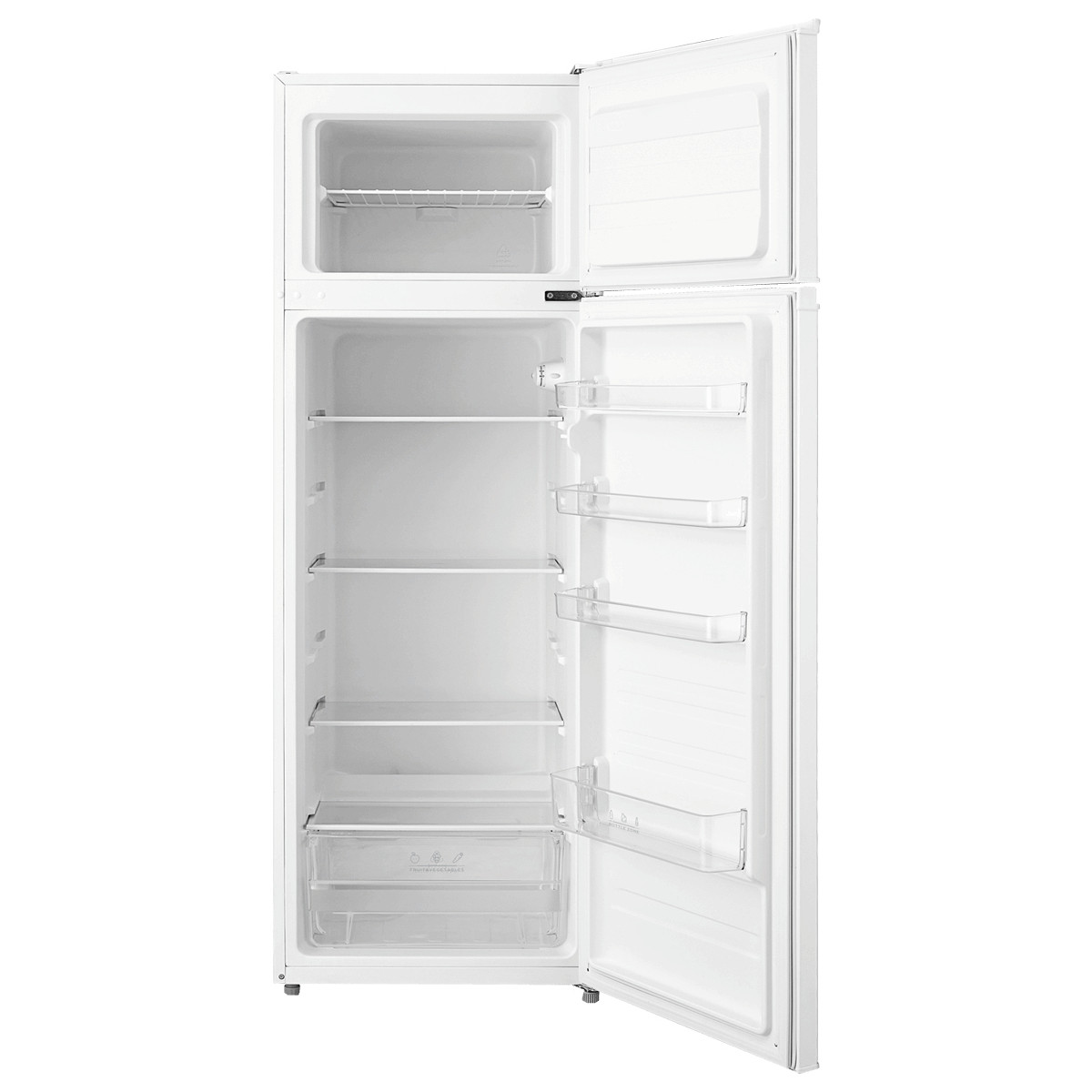 Un frigorifero bianco vuoto con la porta aperta, che mostra più ripiani.