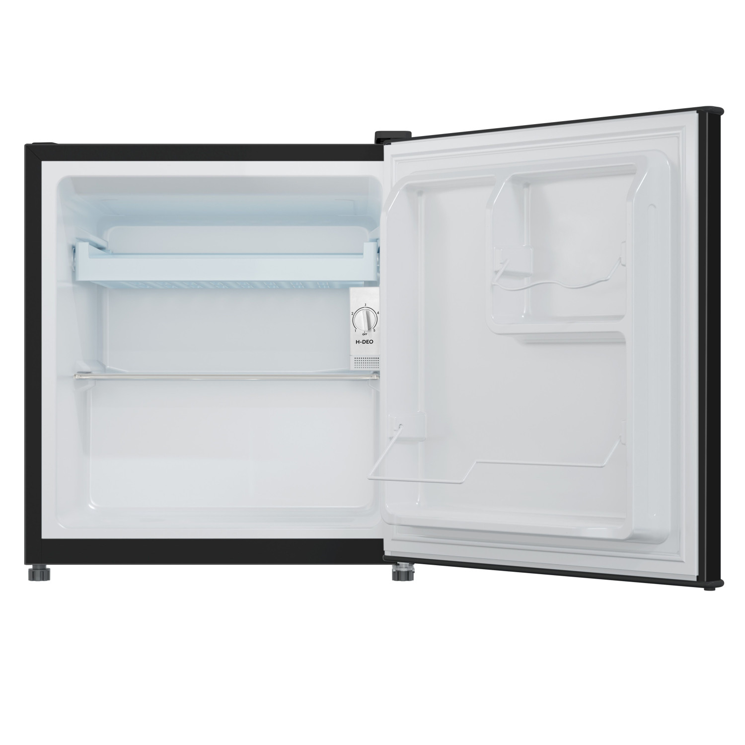 Un mini-refrigerador negro abierto y vacío con un estante transparente y estantes en la puerta.