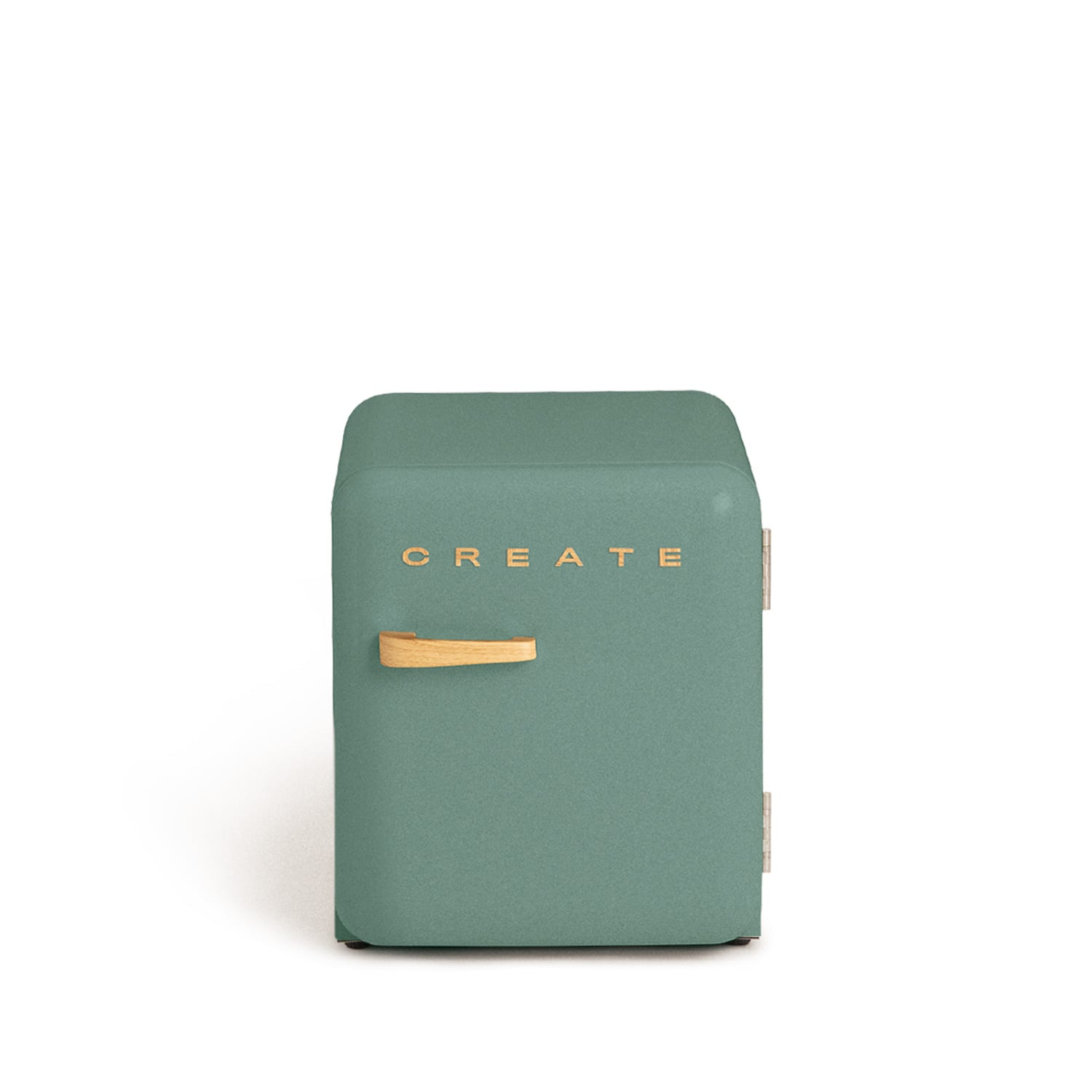 Un pequeño refrigerador verde con asa de madera y la palabra CREATE.