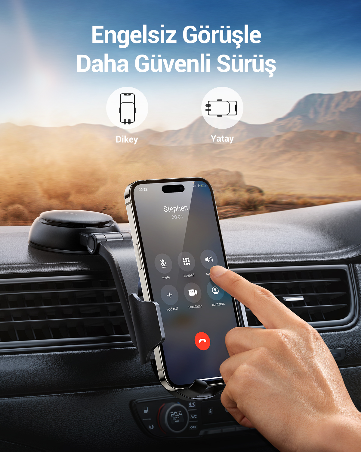 Ein Handyhalter im Auto zeigt einen eingehenden Anruf an, mit Optionen für vertikale oder horizontale Ausrichtung.