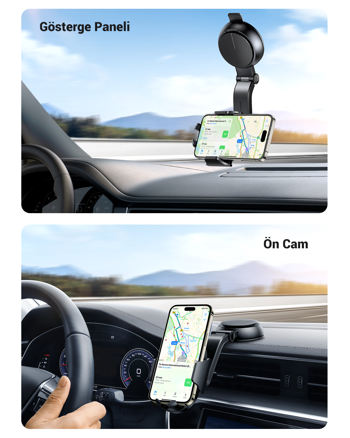Handyhalterung im Auto auf dem Armaturenbrett und an der Windschutzscheibe mit Navigations-App.