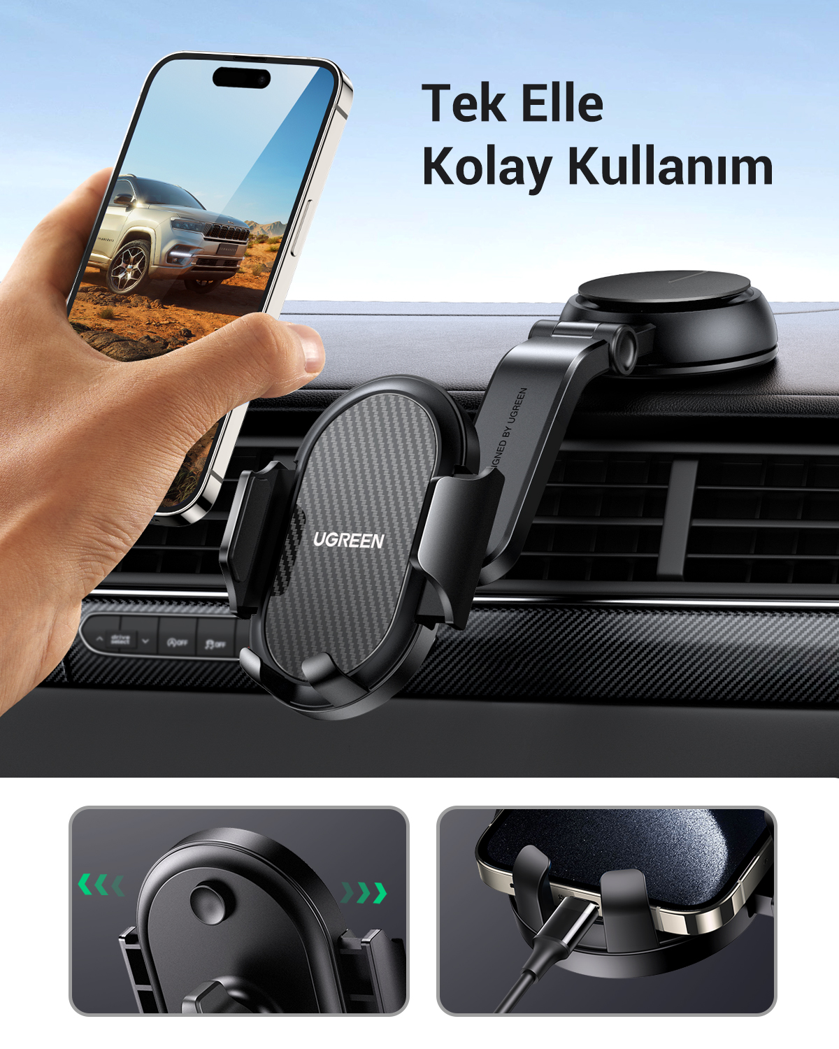 Ein Smartphone wird in eine schwarze Autohalterung eingesetzt, die an einem Lüftungsschlitz befestigt ist.