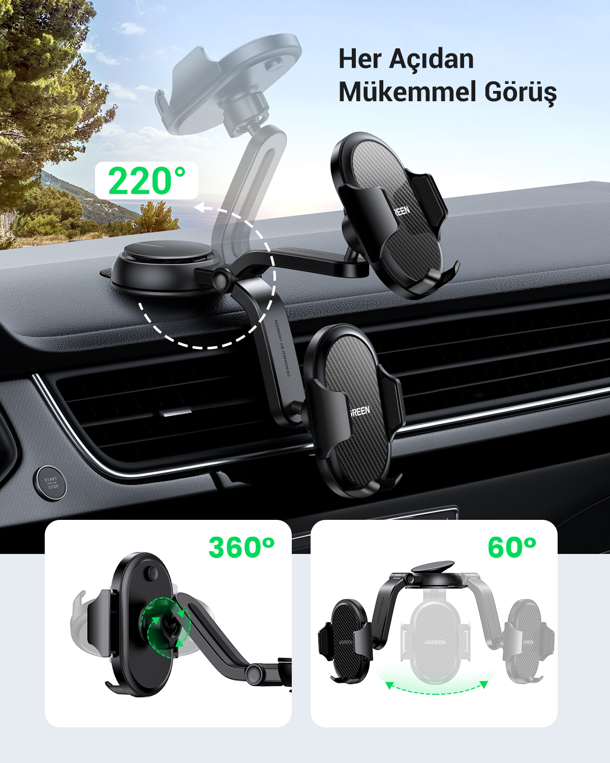 Ein schwarzer Autohalter für Handys mit verstellbaren Armen auf dem Armaturenbrett.