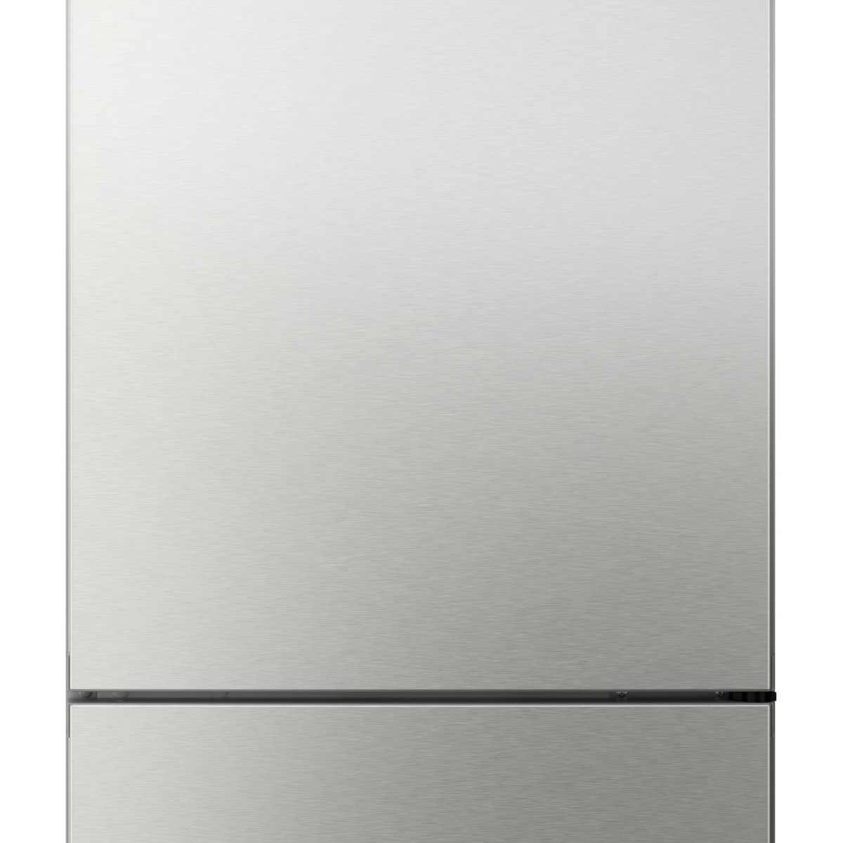 Ein silberner Kühlschrank mit gebürstetem Metallfinish.