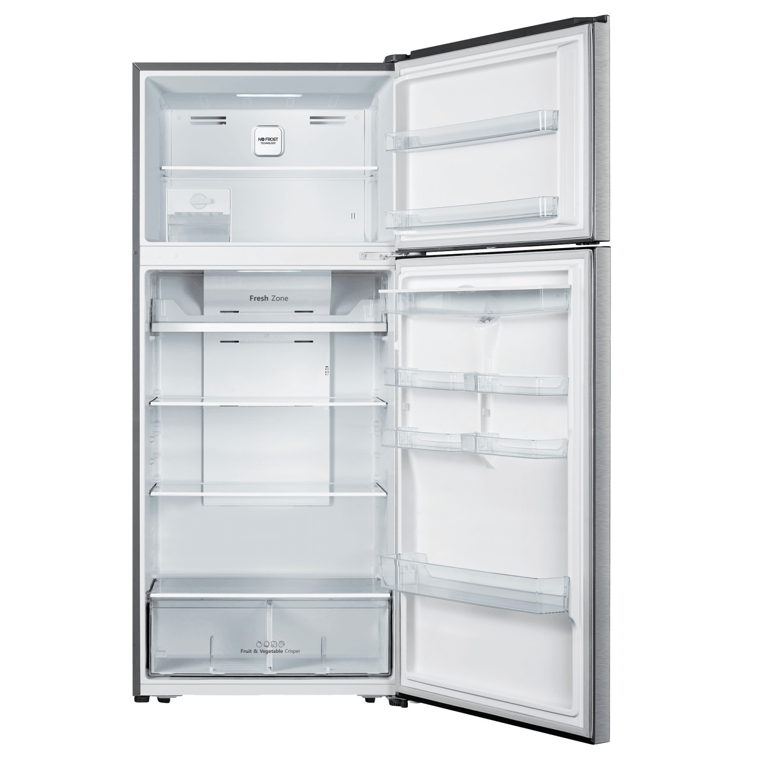 Ein offener, leerer Kühlschrank mit mehreren Ablagen und Schubladen. Graues Äußeres.