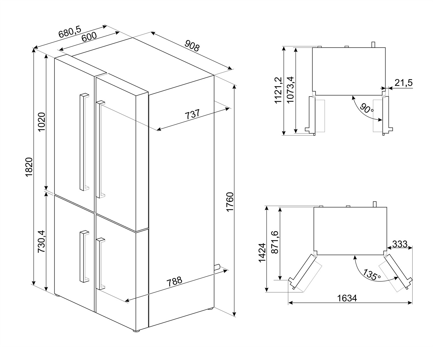 Dibujo técnico de un refrigerador con dimensiones y vistas.