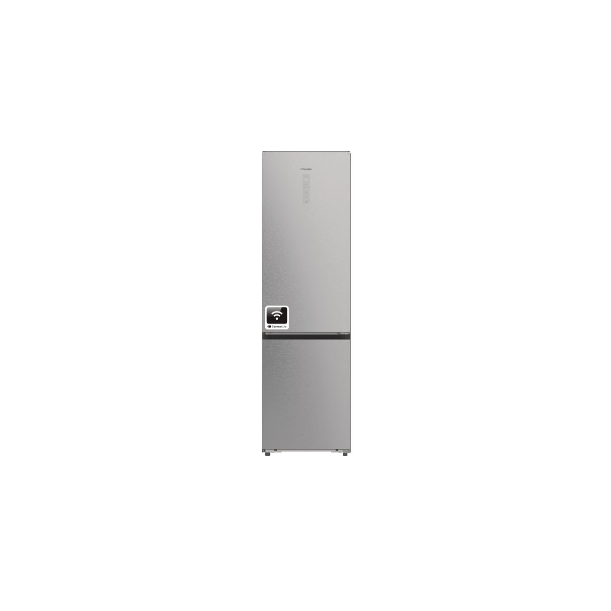 Silberner Kühlschrank mit zwei Türen und einem WLAN-Symbol auf der linken Seite.
