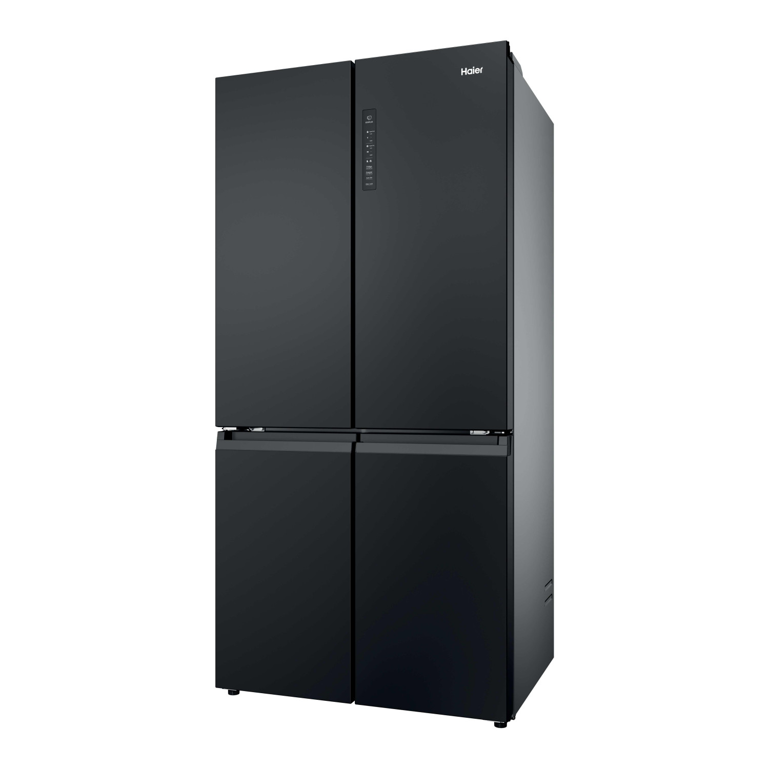 Un frigorifero nero Haier a quattro porte con pannello di controllo touch.