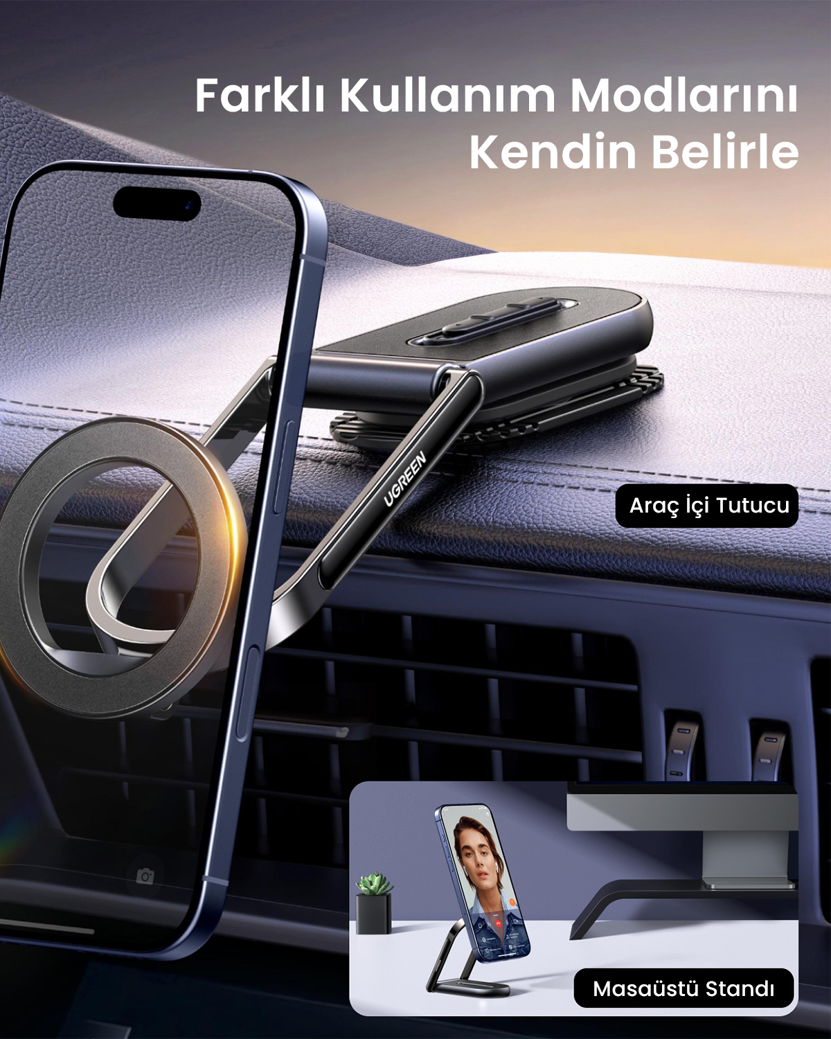 Araba telefon tutucu ve akıllı telefonlu masaüstü standı.