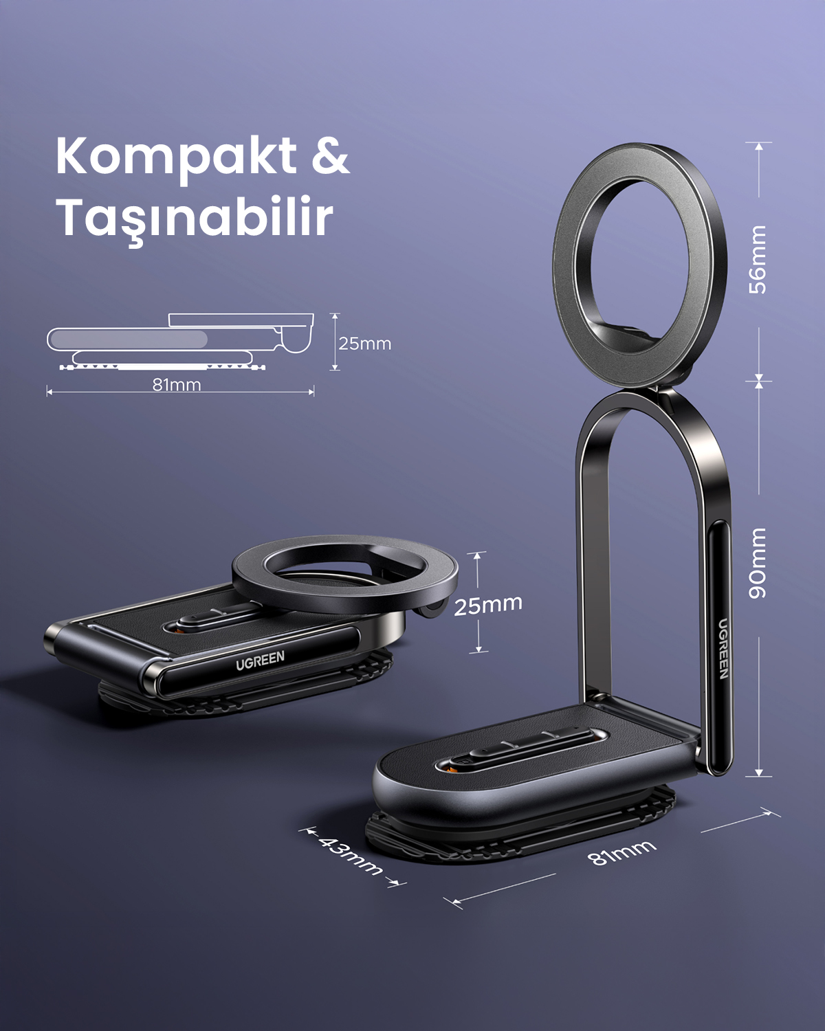 UGREEN kompakt, taşınabilir telefon tutucu boyutlarla.