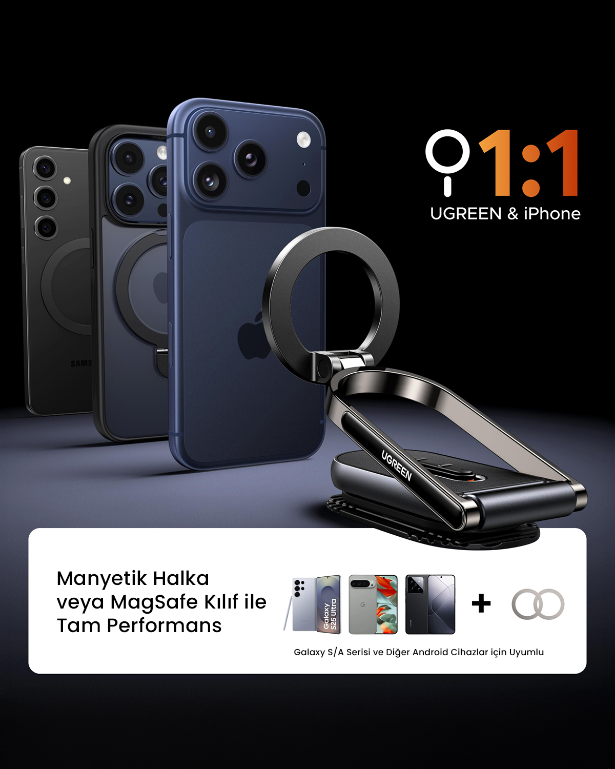 UGREEN halka tutucu ve MagSafe kılıflı üç akıllı telefon.