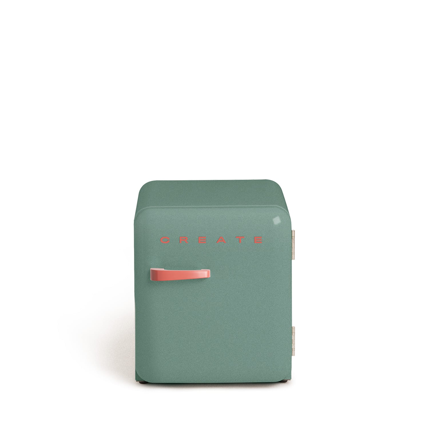 Una pequeña nevera de color verde azulado con un asa roja y la palabra CREATE.