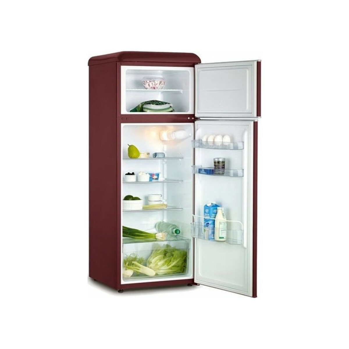 Un frigorifero aperto color bordeaux con cibo sui suoi scaffali.