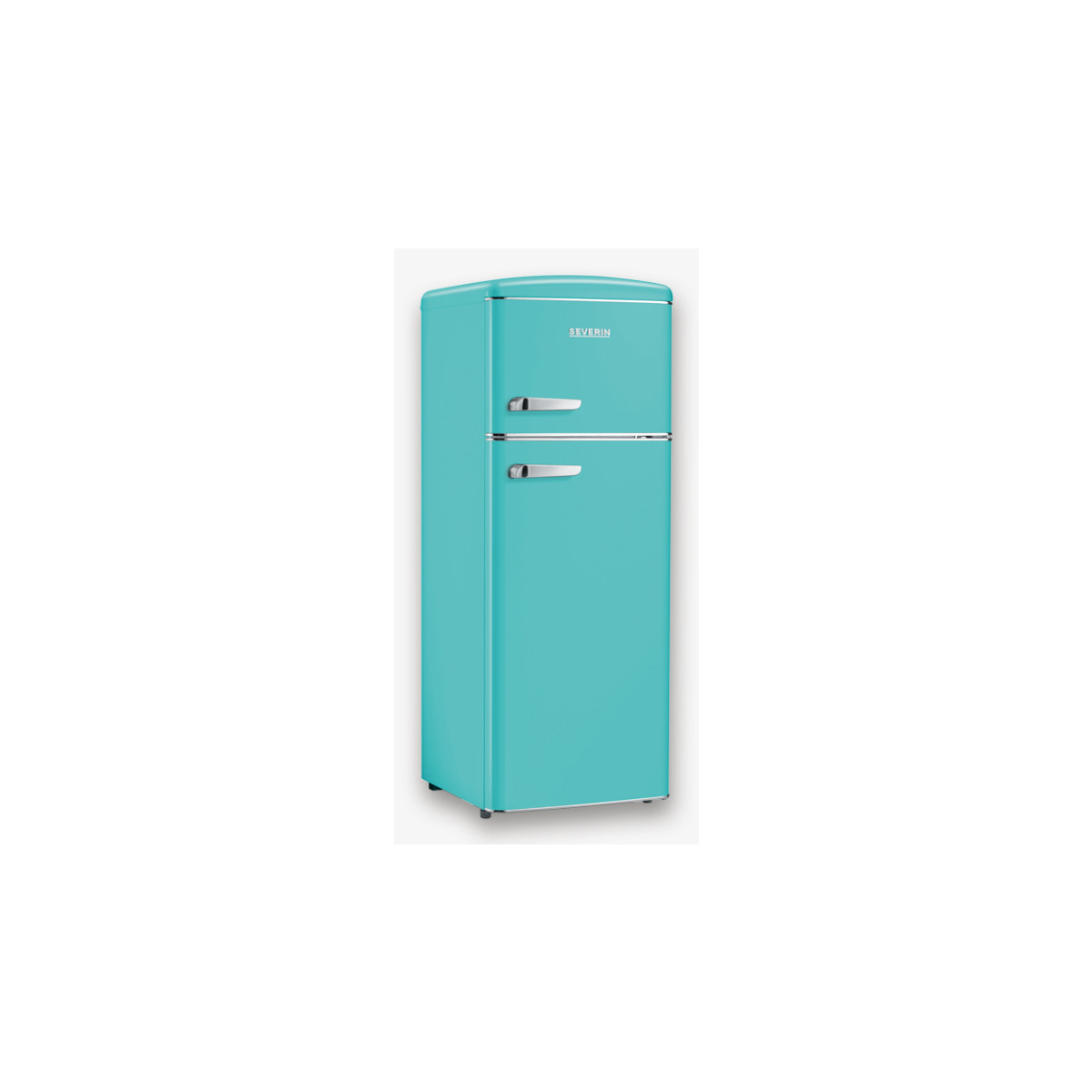 Un frigorifero turchese in stile retrò con due porte e maniglie cromate.