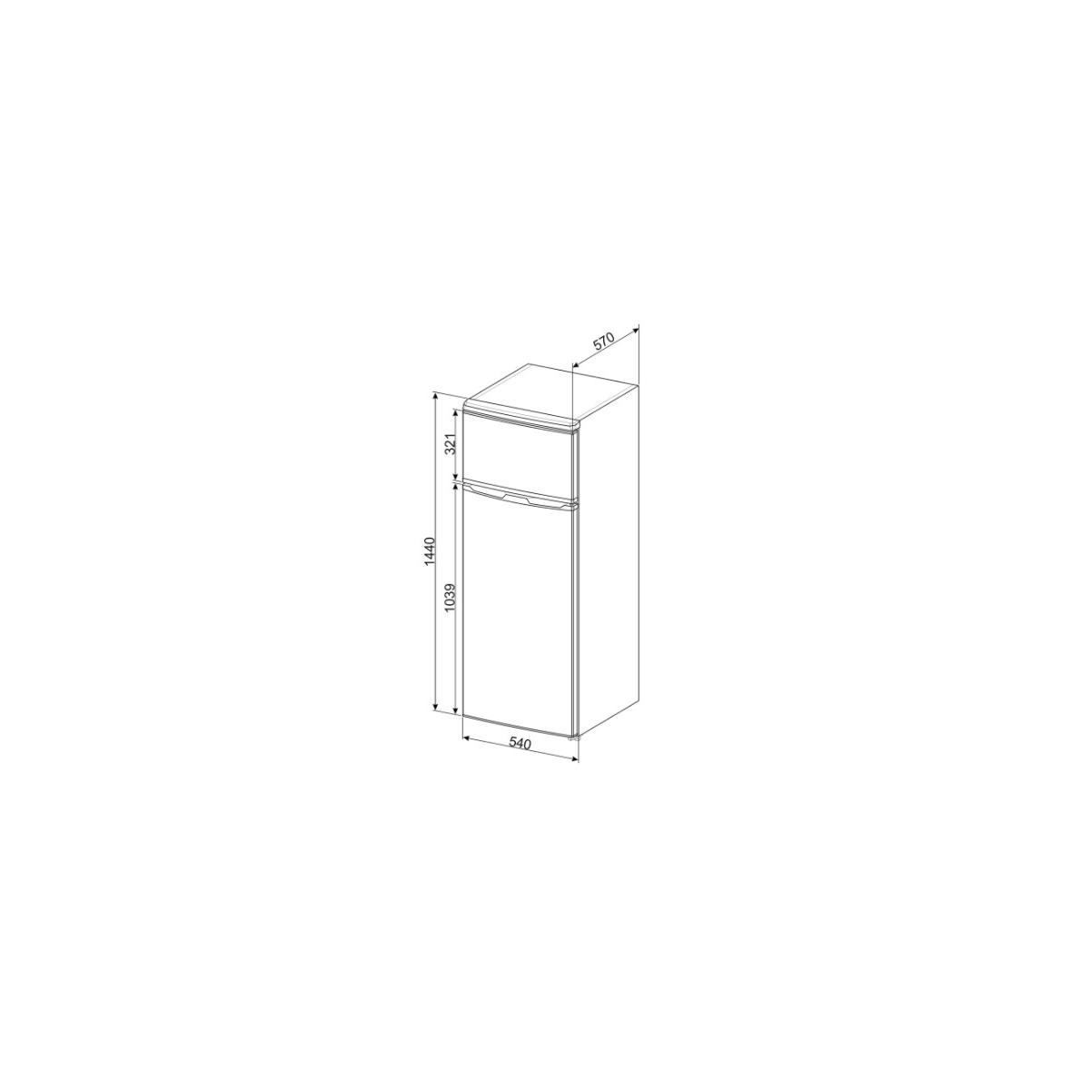 Frigorifero a due porte con dimensioni. Altezza 1440mm, larghezza 570mm, profondità 540mm.