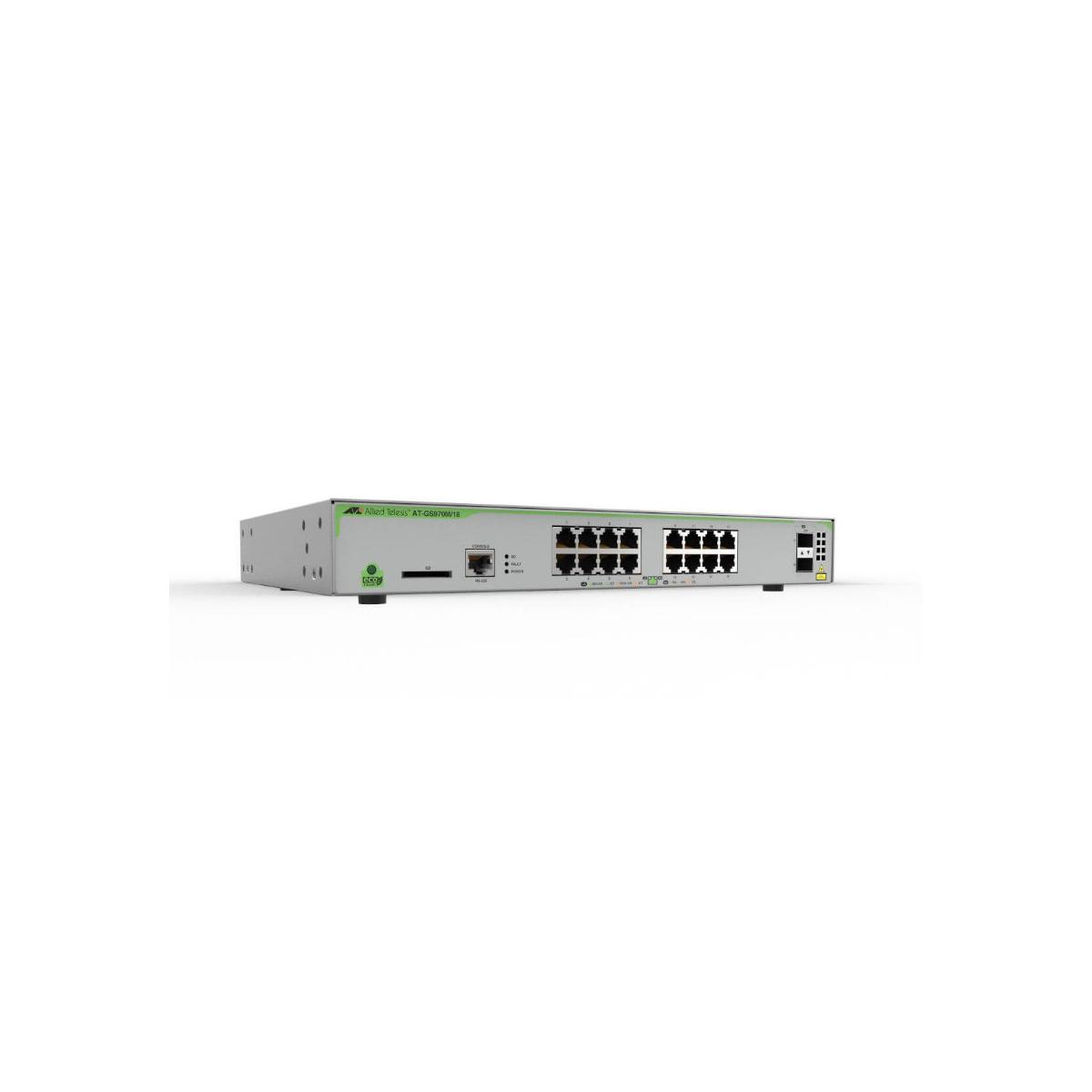 A gray network switch with 24 ports, charging ports, and indicator lights.