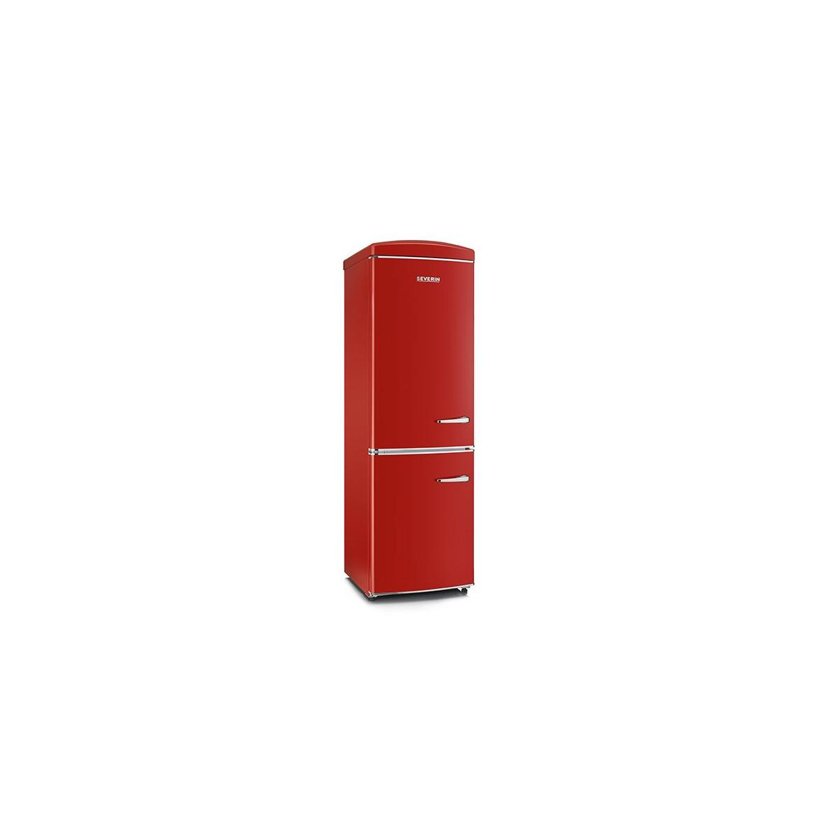 Un frigorifero rosso a due porte con maniglie argentate, su sfondo bianco.