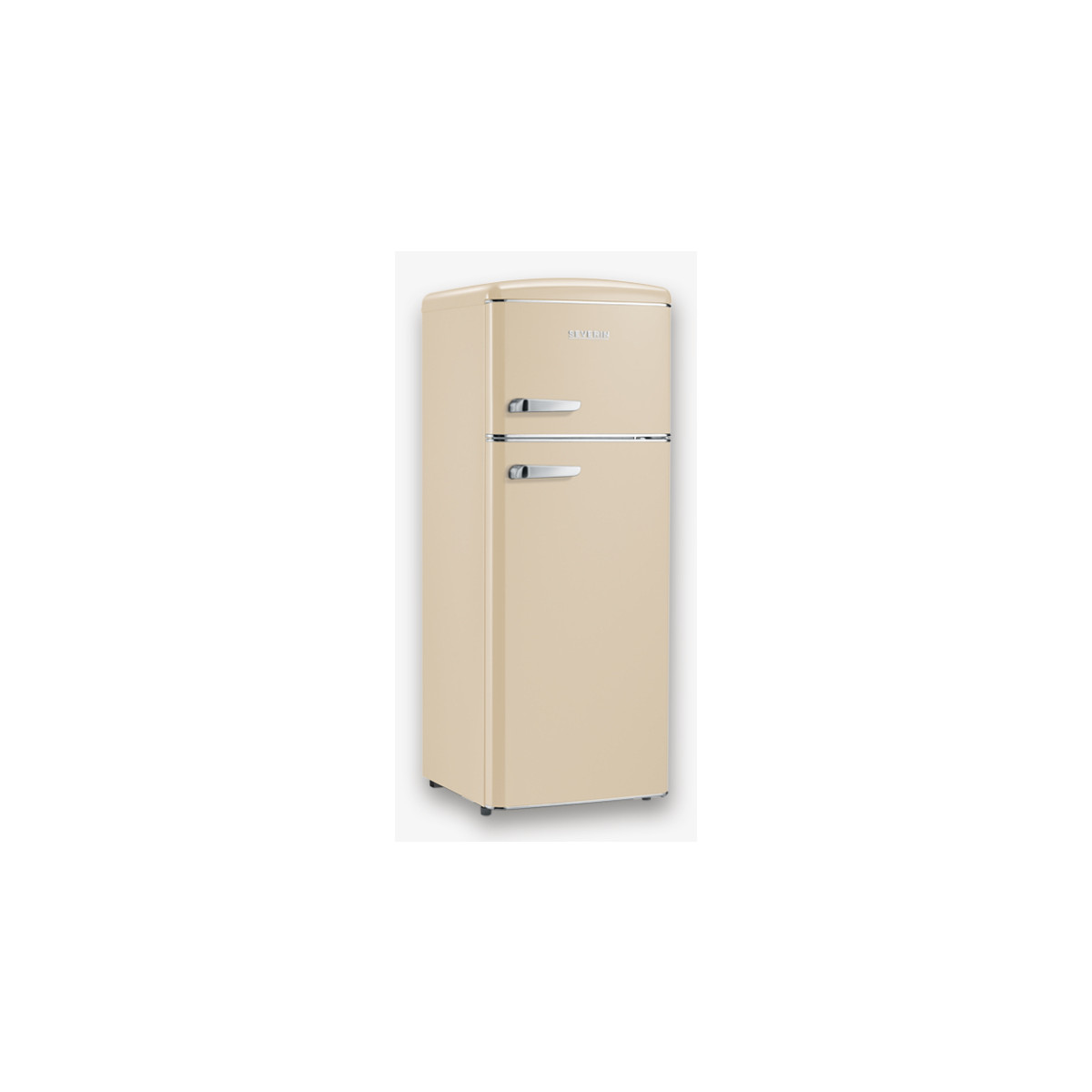 Un frigorifero a due porte color crema con maniglie argentate.