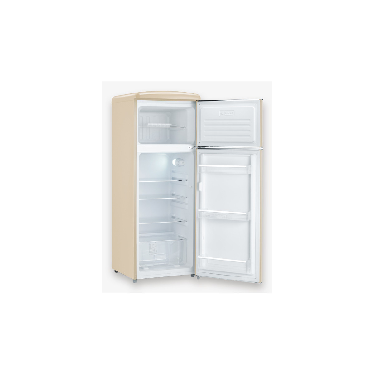 Frigorifero retrò beige, aperto con ripiani e cassetti visibili.