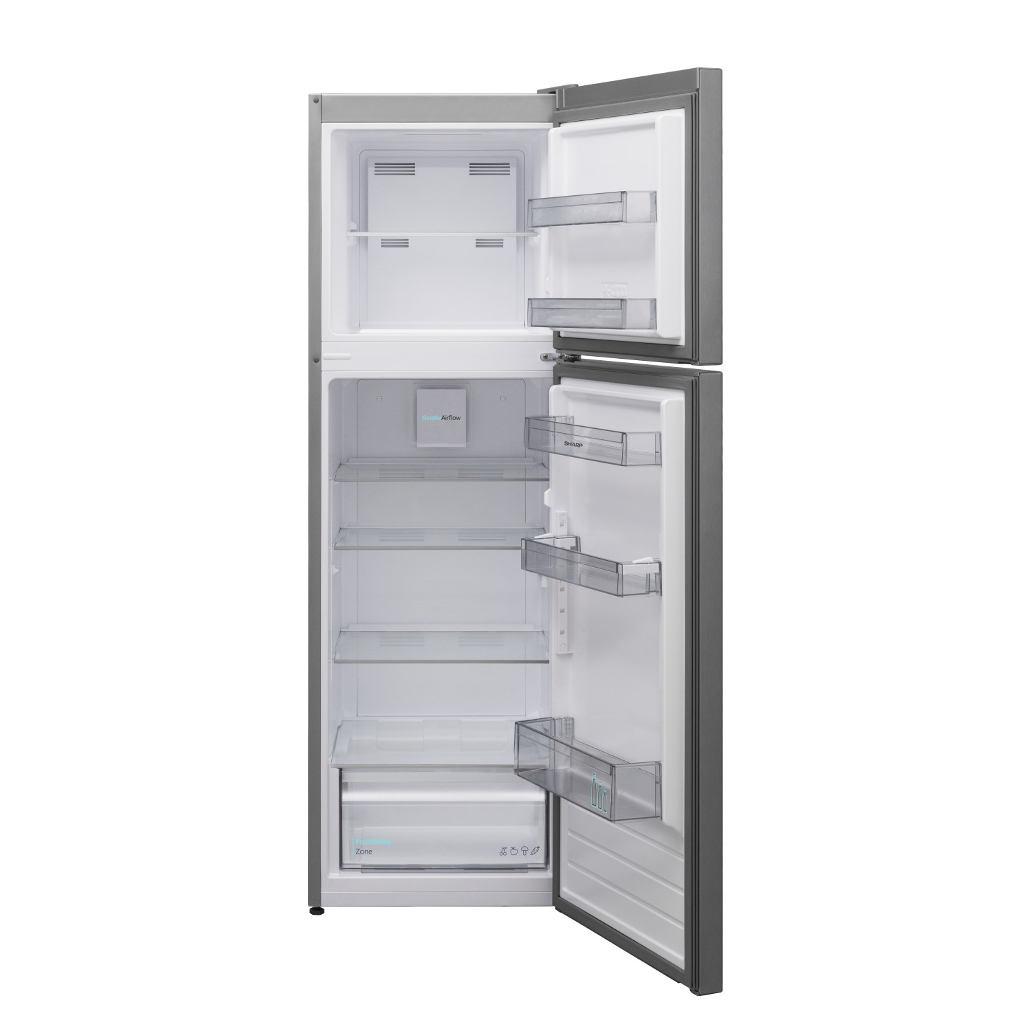 Ein offener grauer Kühlschrank mit mehreren Einlegeböden und Schubladen.