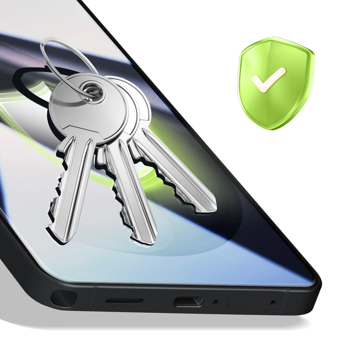 Keys on a smartphone screen with a green shield icon nearby.