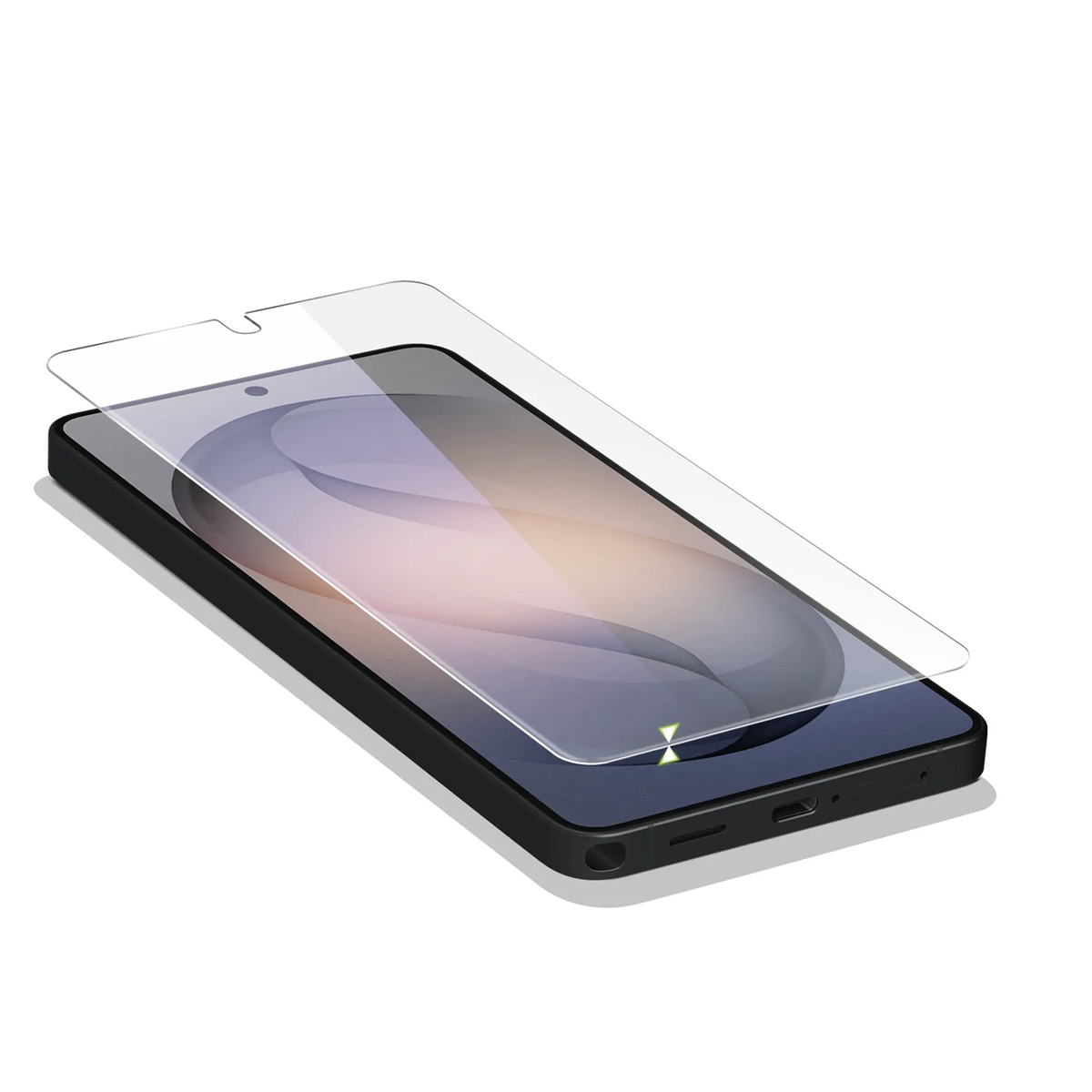A smartphone with a screen protector being applied.