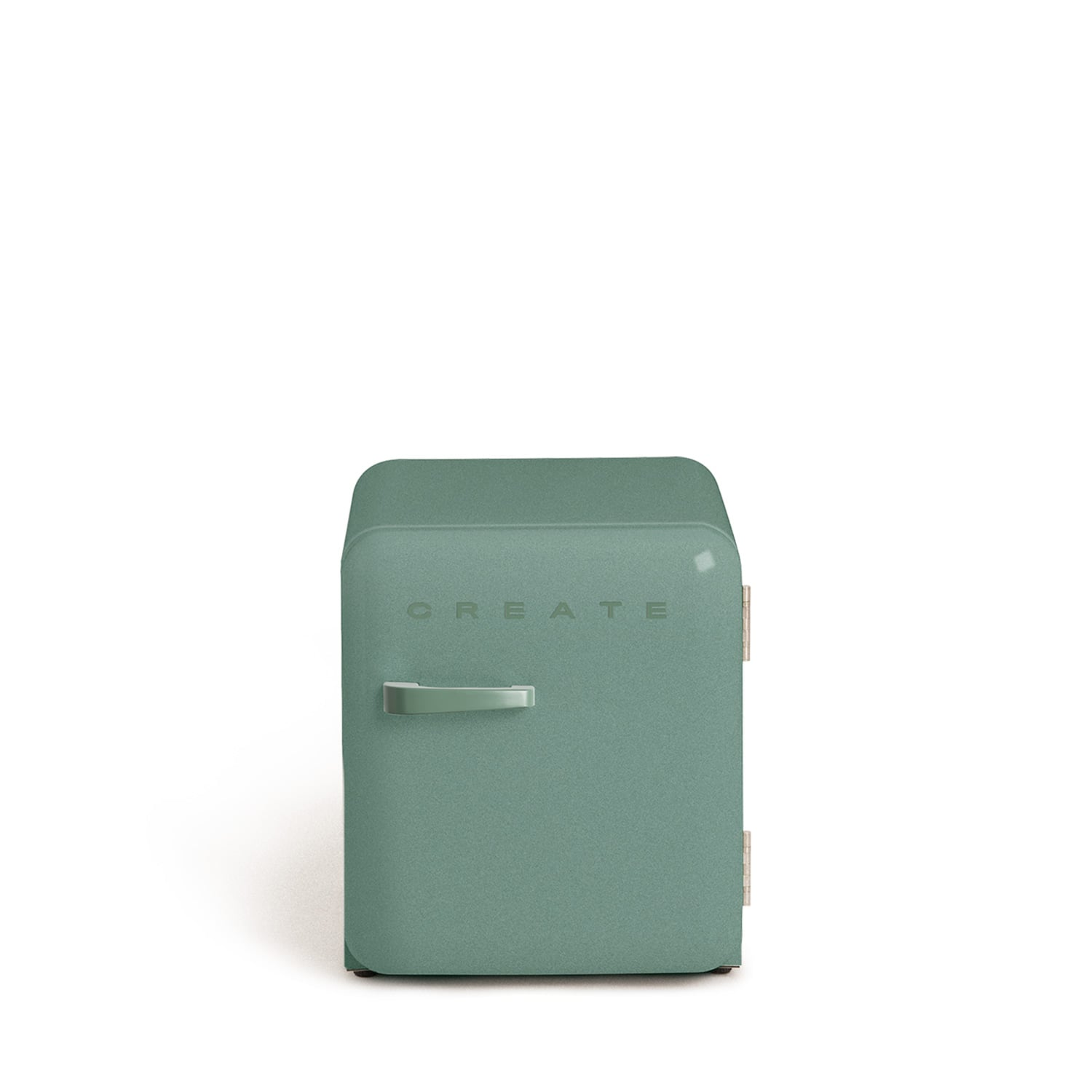Un pequeño refrigerador de color verde azulado con la palabra CREATE al frente.