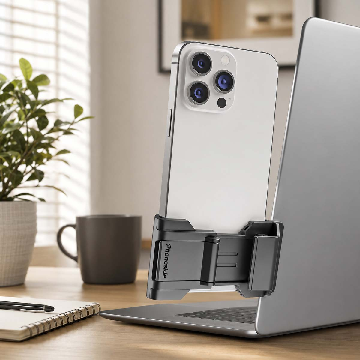 Un smartphone est attaché à un ordinateur portable avec un support. Configuration plante et tasse.