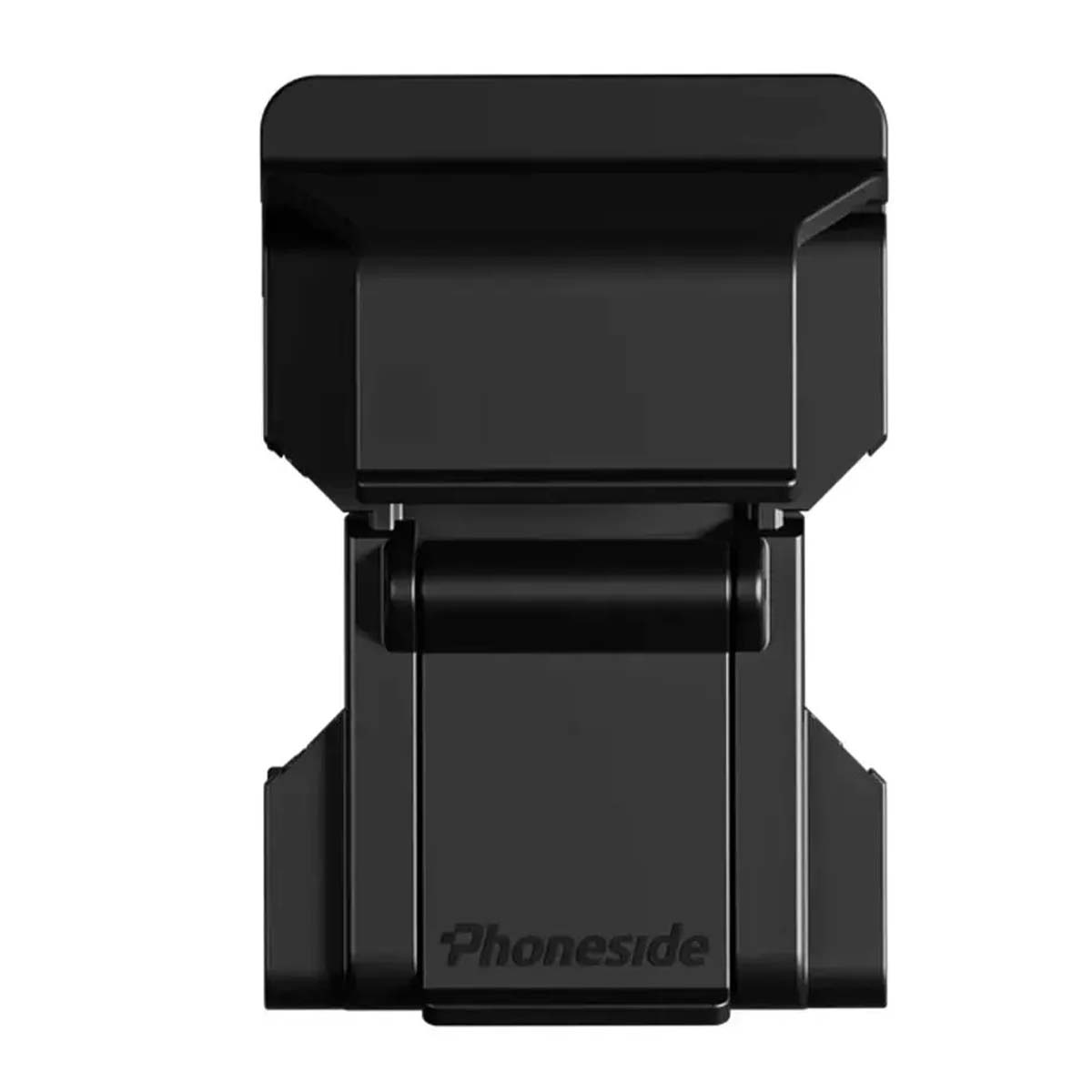 Un support de téléphone noir avec une charnière et le logo "Phoneside".