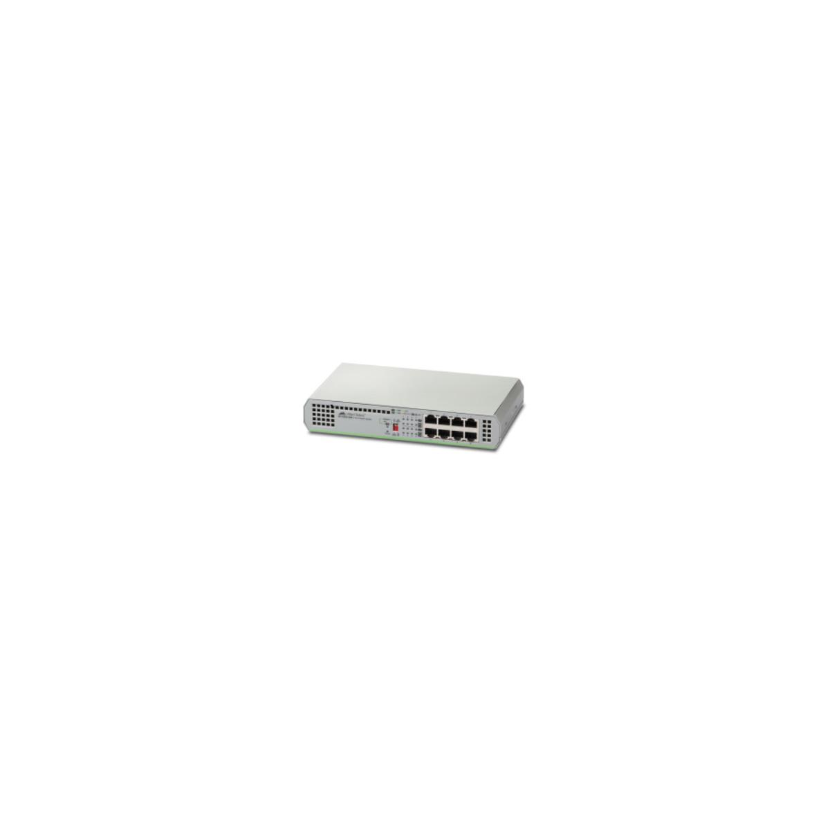 Switch di rete grigio con otto porte e luci di segnalazione sul davanti.