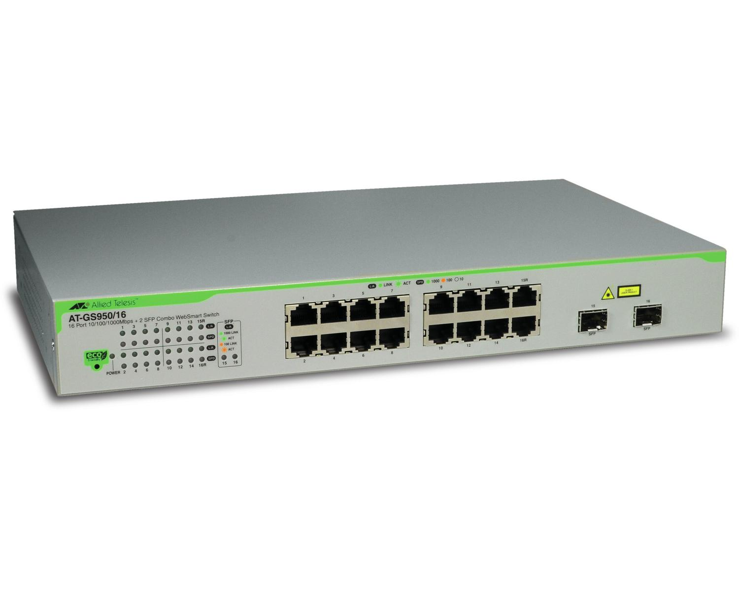 Uno switch di rete Allied Telesis grigio con accenti verdi, 16 porte sul fronte.