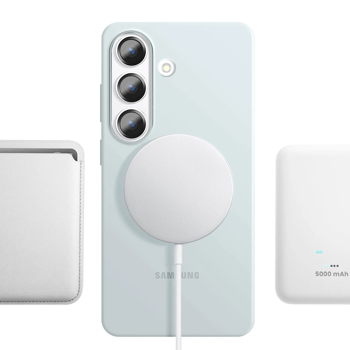 Parte trasera de smartphone azul claro con tres cámaras y un cargador blanco.