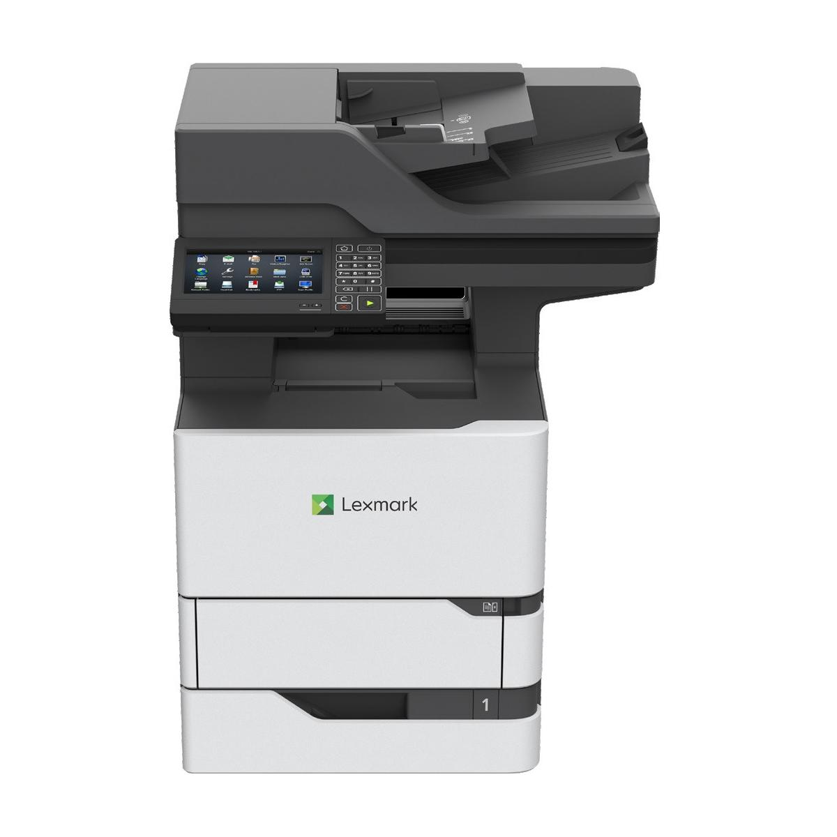 Una impresora Lexmark con pantalla táctil y alimentador de papel se muestra sobre fondo blanco.