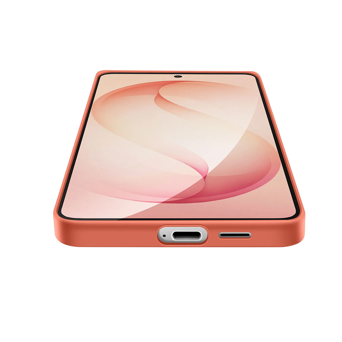 Un smartphone naranja con un fondo estilizado en su pantalla.