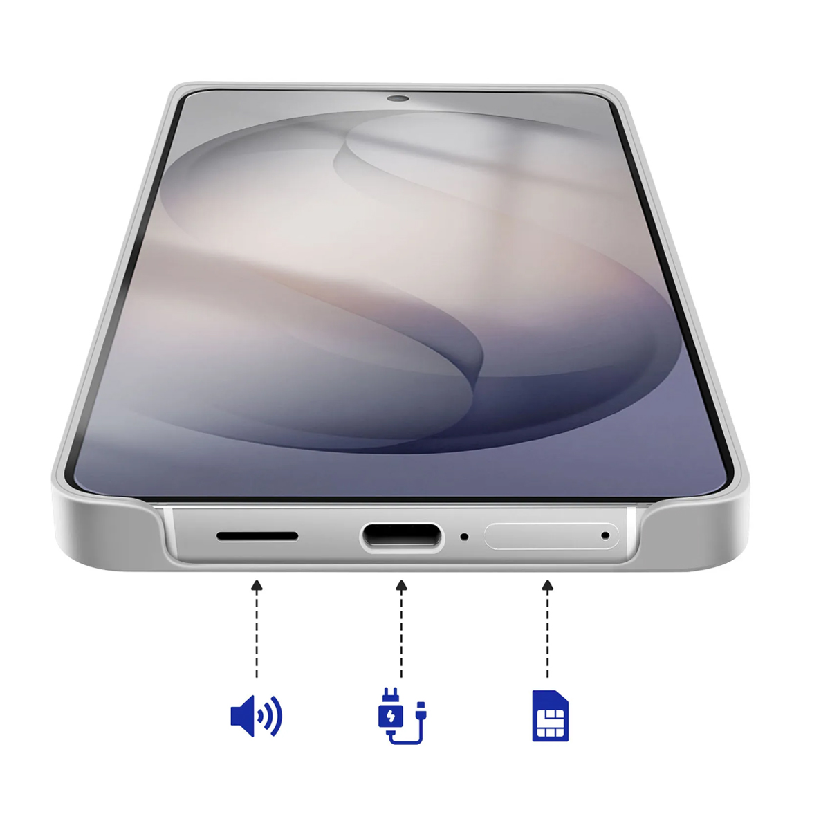 Uno smartphone argentato mostra porta di ricarica, altoparlante e slot SIM.